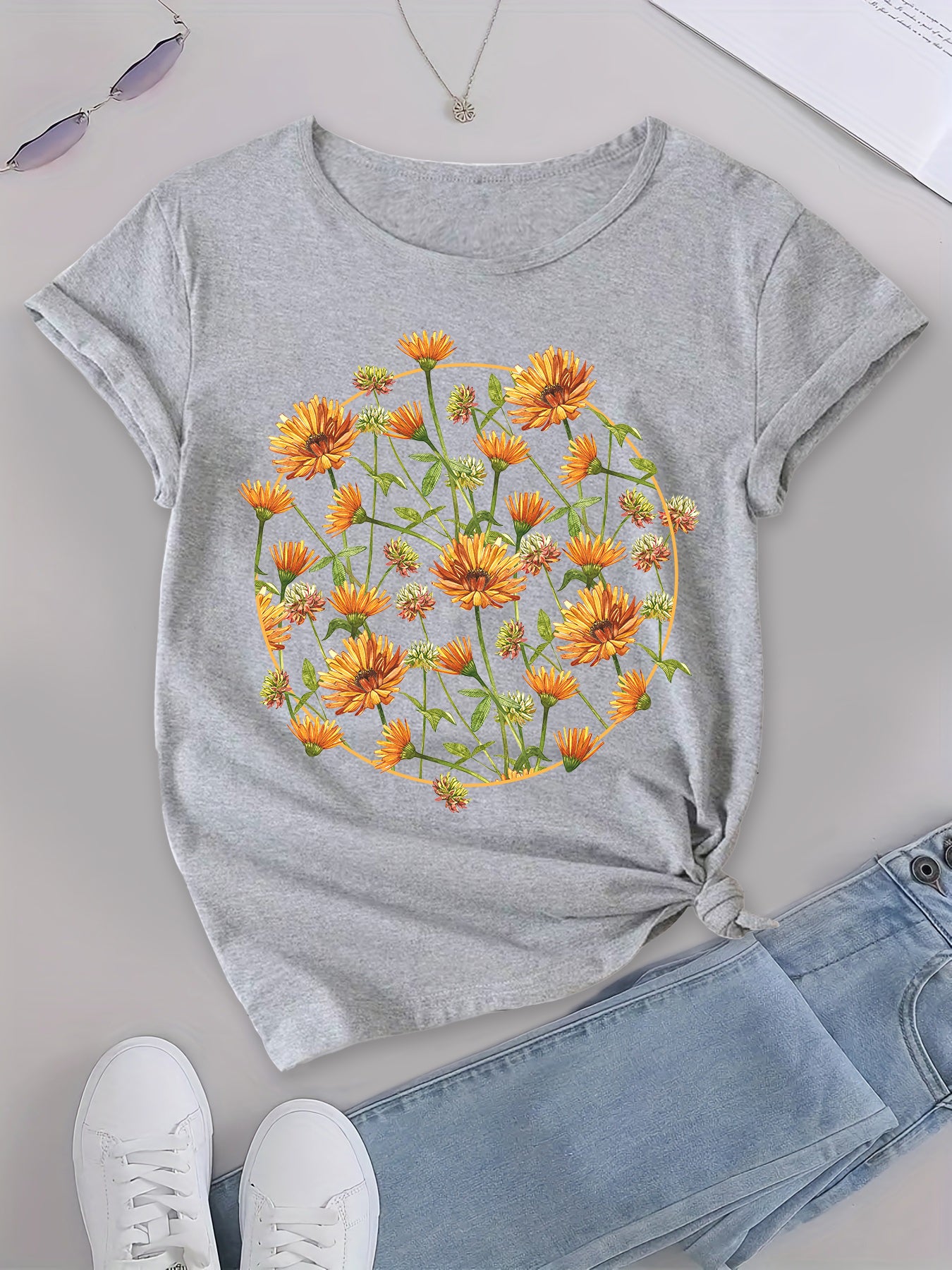 Fresh Floral Daisy Print Round Neck Tee, Women's T-Shirt