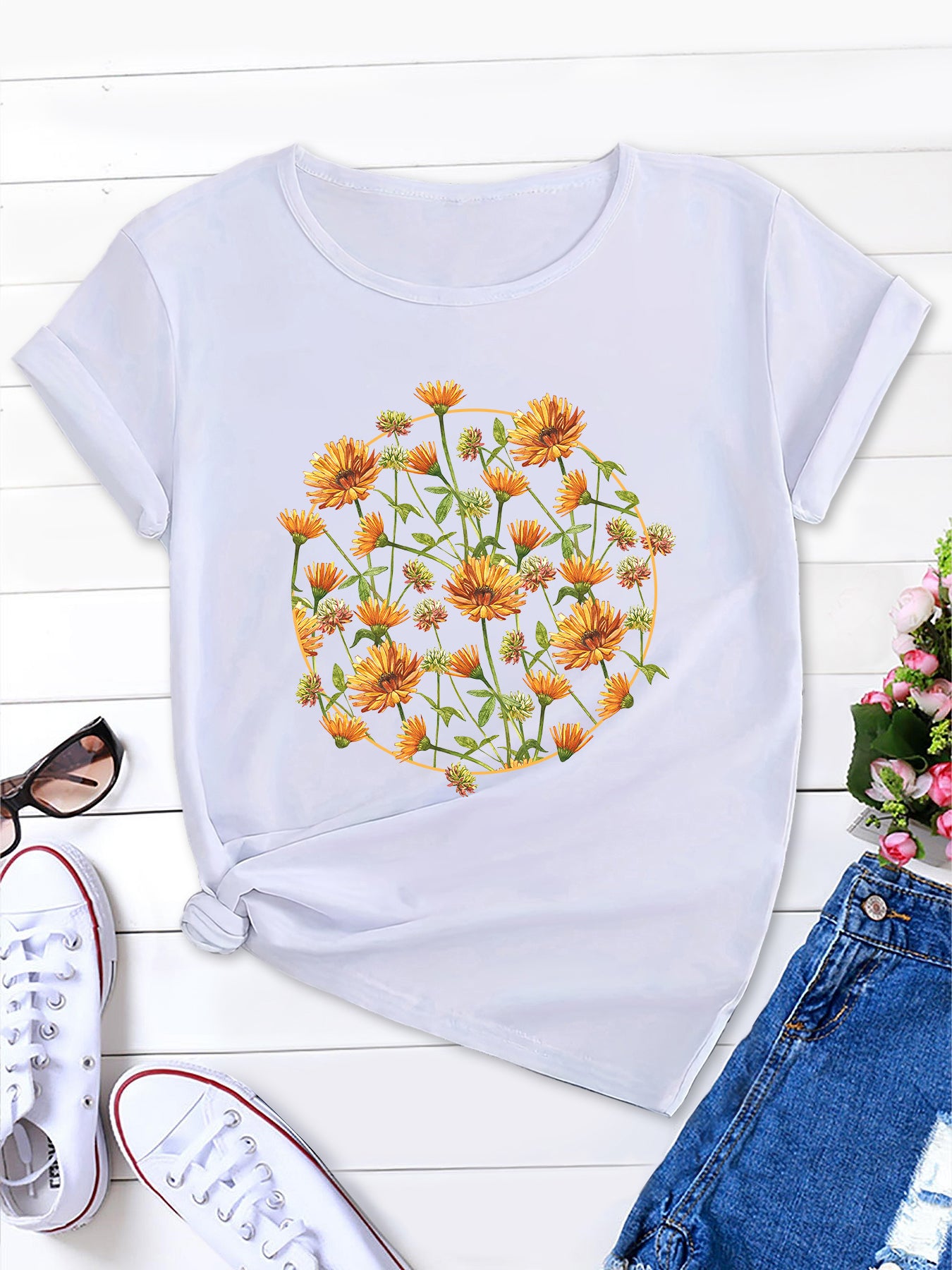 Fresh Floral Daisy Print Round Neck Tee, Women's T-Shirt