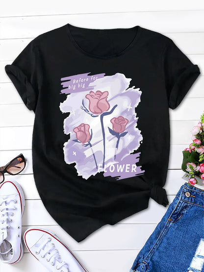 Rose Print Round Neck Tee in Purple, Women's T-Shirt