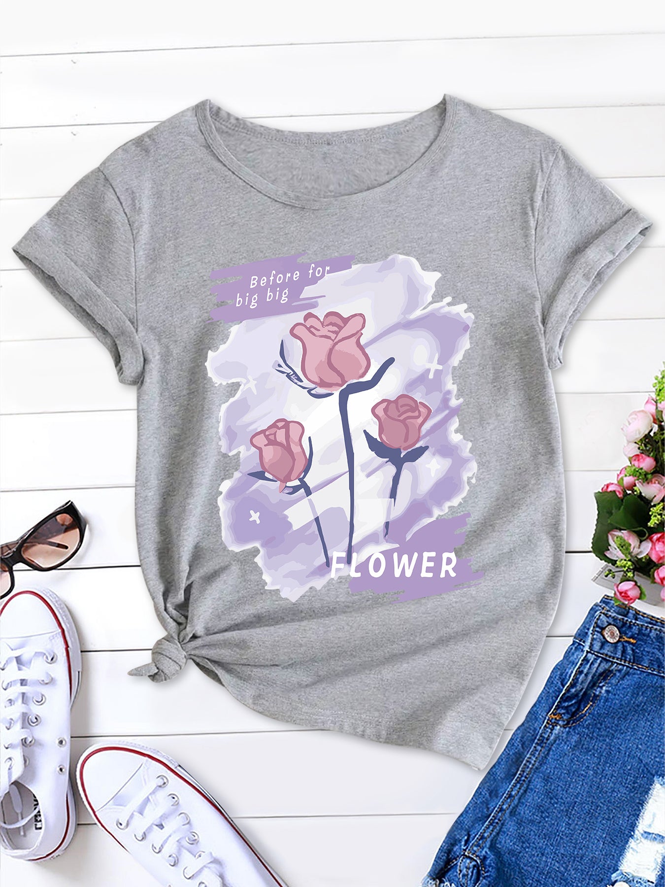 Rose Print Round Neck Tee in Purple, Women's T-Shirt