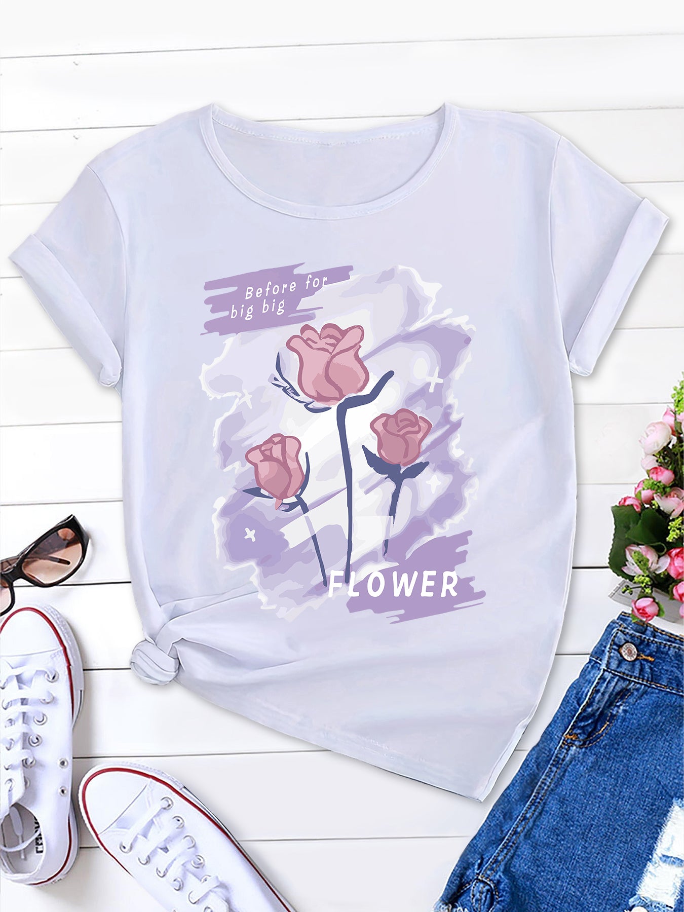 Rose Print Round Neck Tee in Purple, Women's T-Shirt