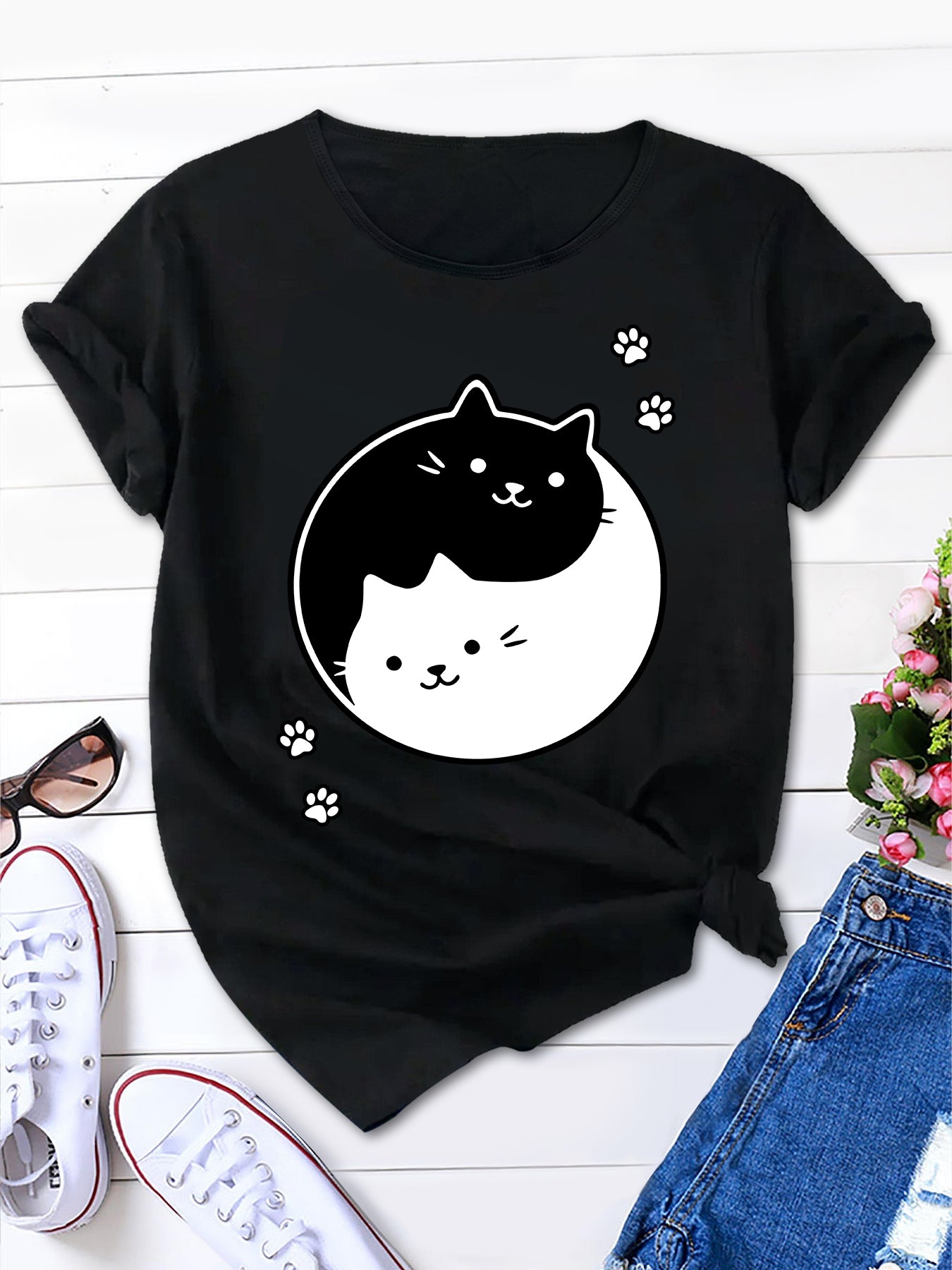 Stylish Yin Yang Cat Shirt / Cute Cats Tee, Comfortable Cotton Chic