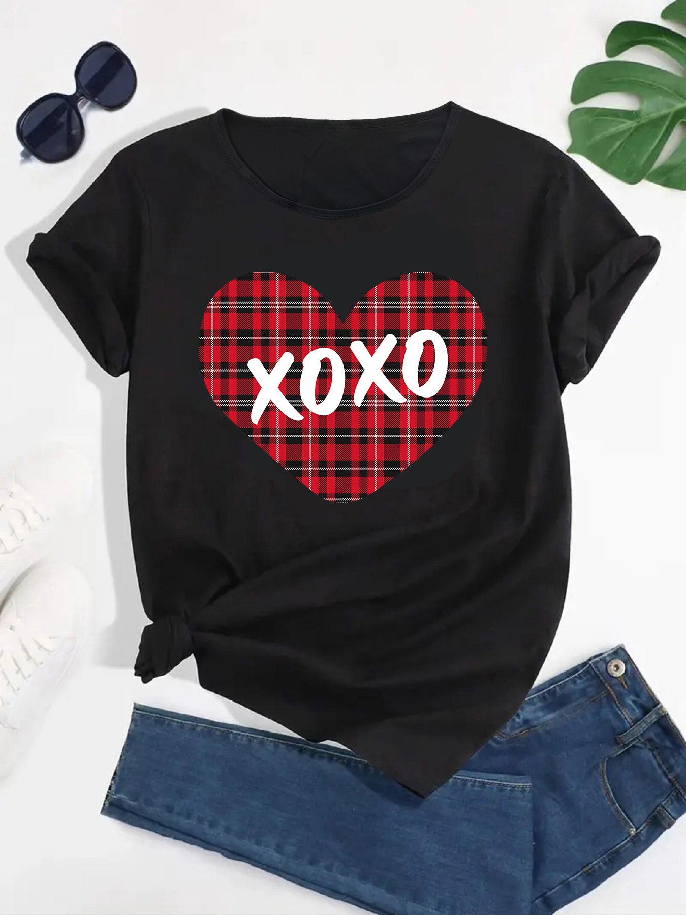 Striped Heart  Star Print T-shirt, Casual Short Sleeve Crew Neck Summer Tee