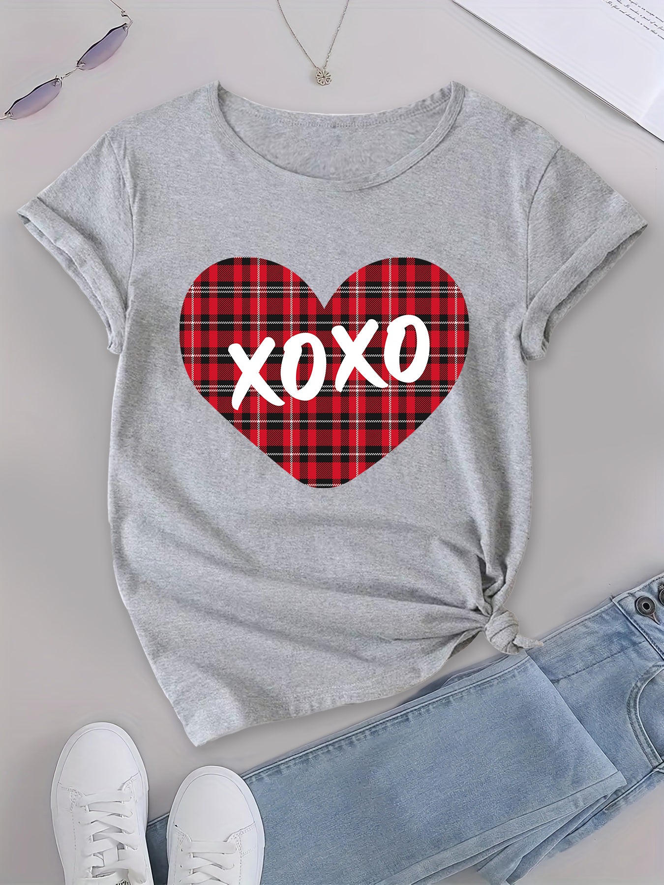 Striped Heart  Star Print T-shirt, Casual Short Sleeve Crew Neck Summer Tee