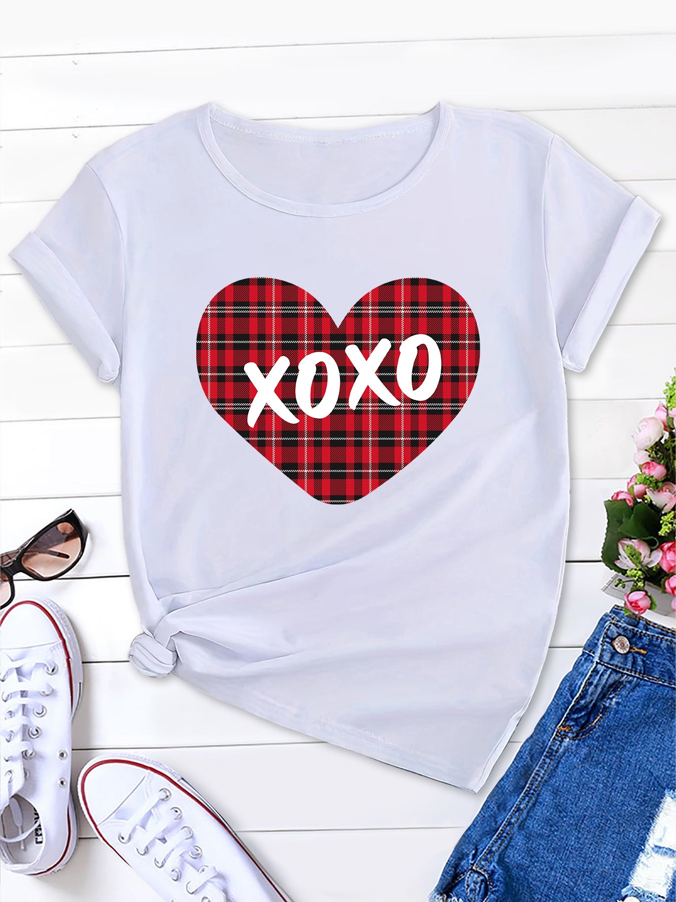 Striped Heart  Star Print T-shirt, Casual Short Sleeve Crew Neck Summer Tee