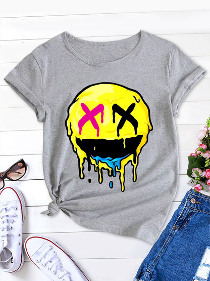 Trendy Quirky Cartoon Print Shirt, Casual Crew Neck Short Sleeve Blouse