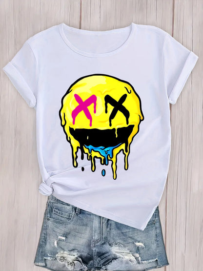 Trendy Quirky Cartoon Print Shirt, Casual Crew Neck Short Sleeve Blouse