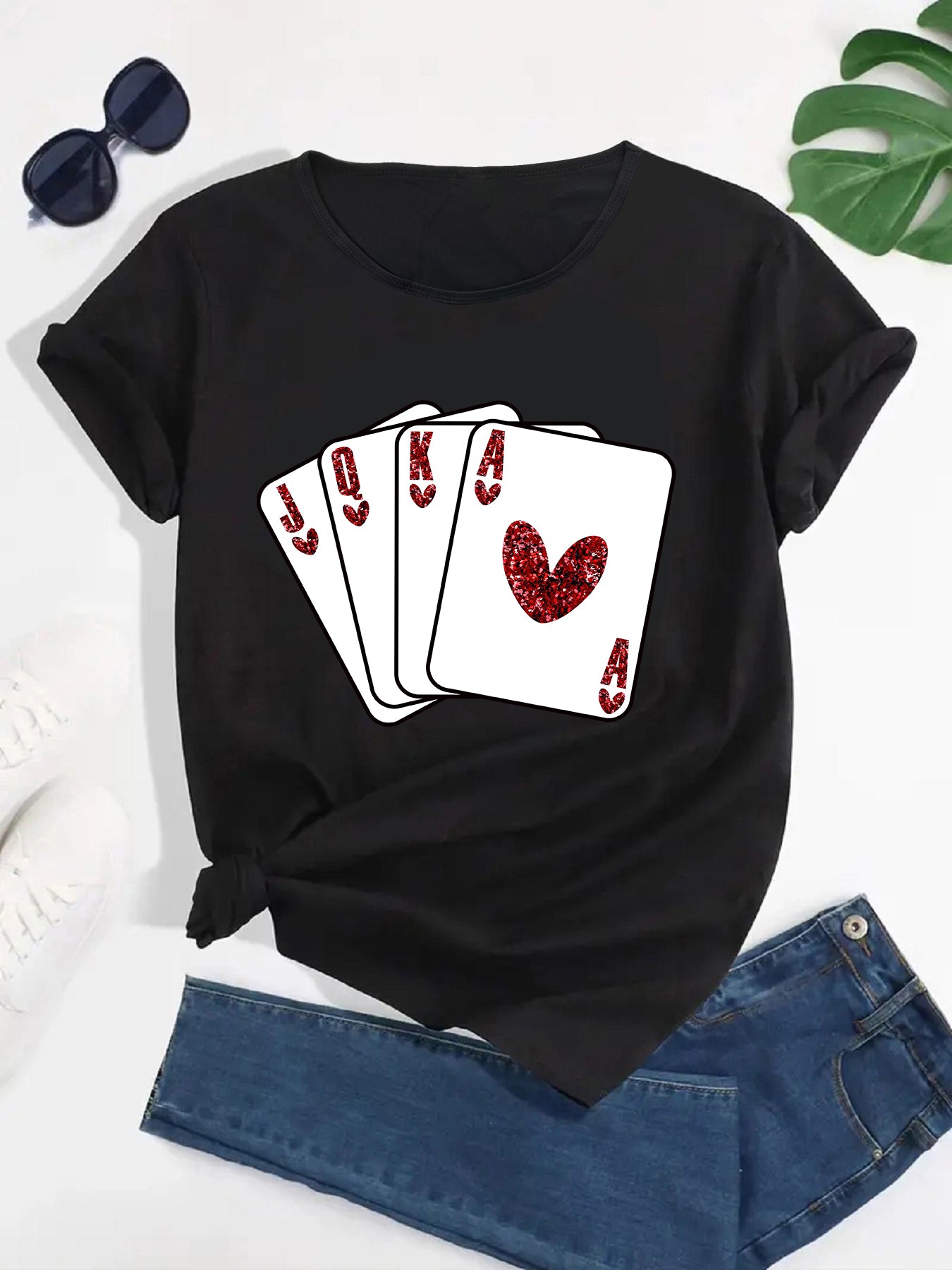 Poker Royal Flush Graphic Tee Hearts Straight Flush T-Shirt