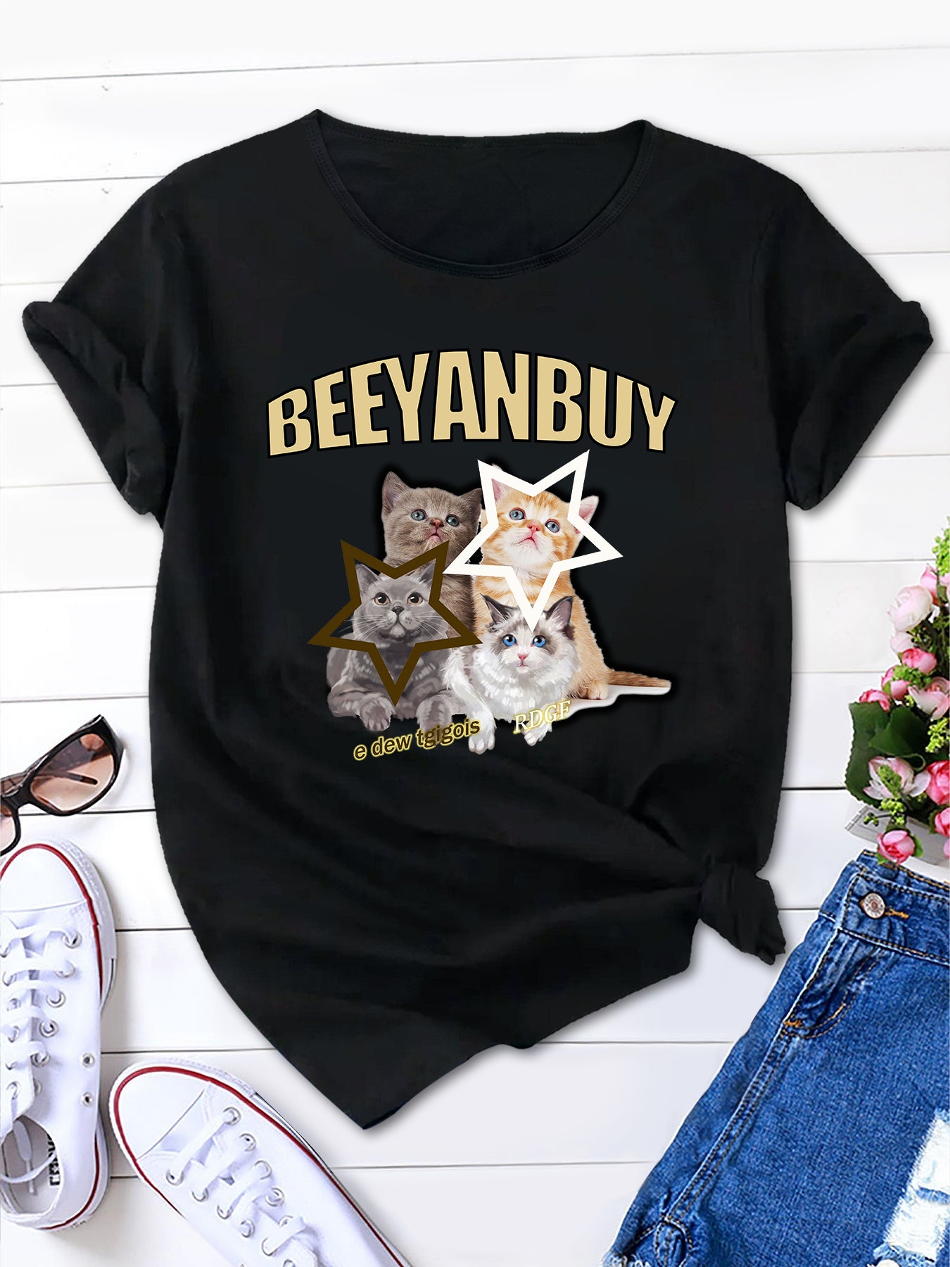 Kitty Chic Cartoon Trend Cute Short Sleeve Graphic Tee for Women, Summer Fashion