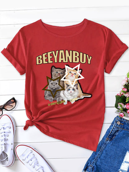 Kitty Chic Cartoon Trend Cute Short Sleeve Graphic Tee for Women, Summer Fashion