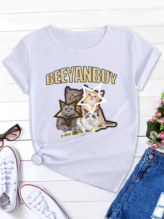 Kitty Chic Cartoon Trend Cute Short Sleeve Graphic Tee for Women, Summer Fashion