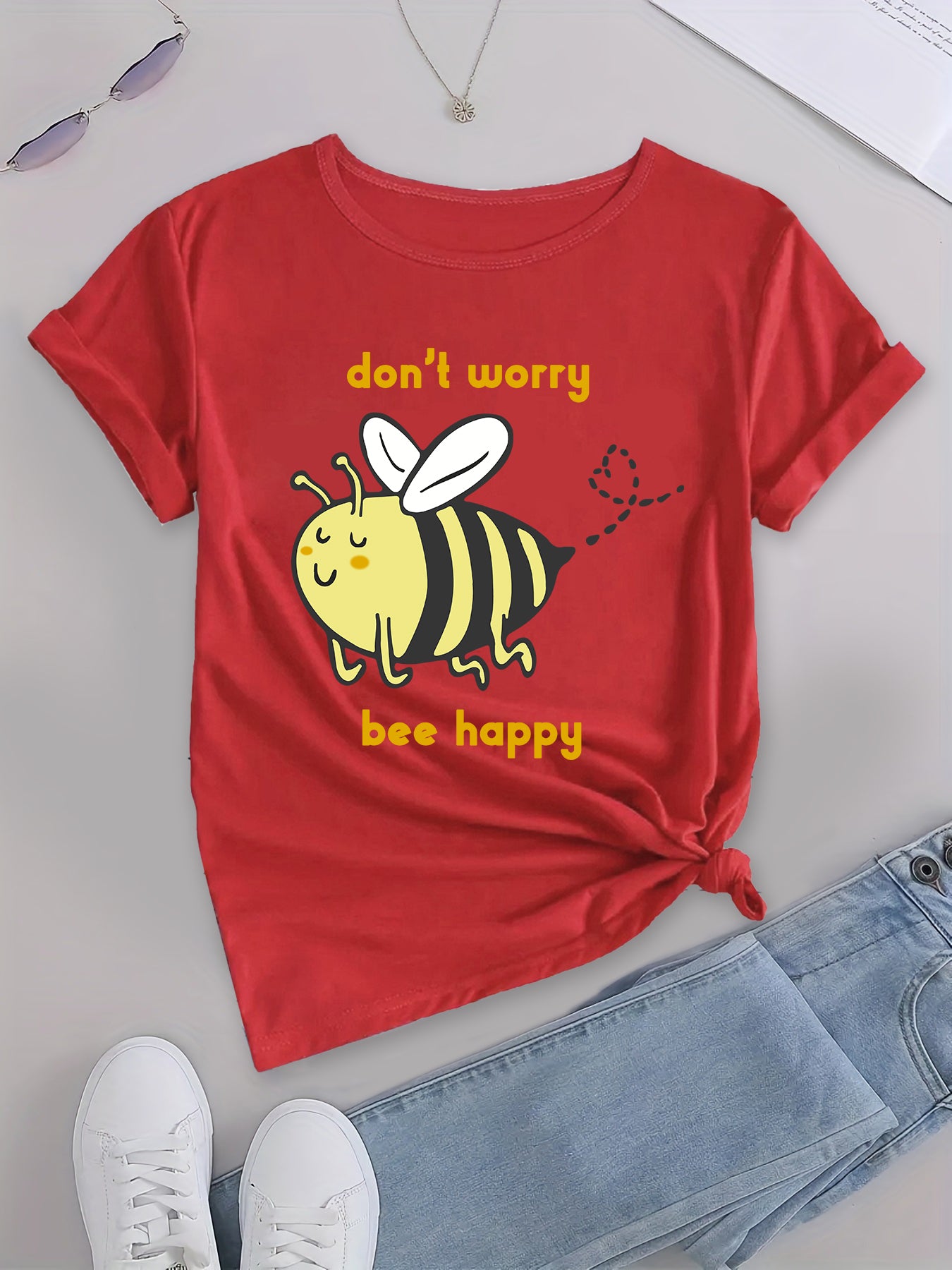 Sweet Honeybee Print Crew Neck T-Shirt, Casual Short Sleeve Blouse for Spring & Summer