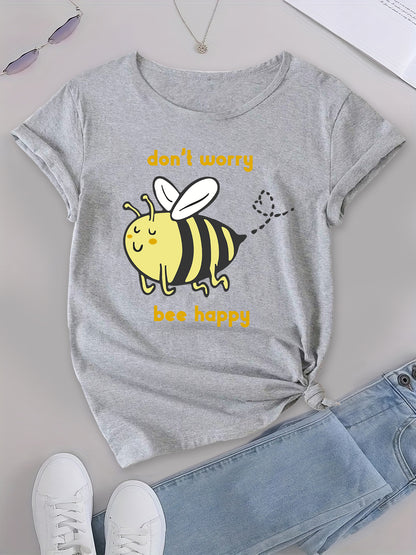 Sweet Honeybee Print Crew Neck T-Shirt, Casual Short Sleeve Blouse for Spring & Summer