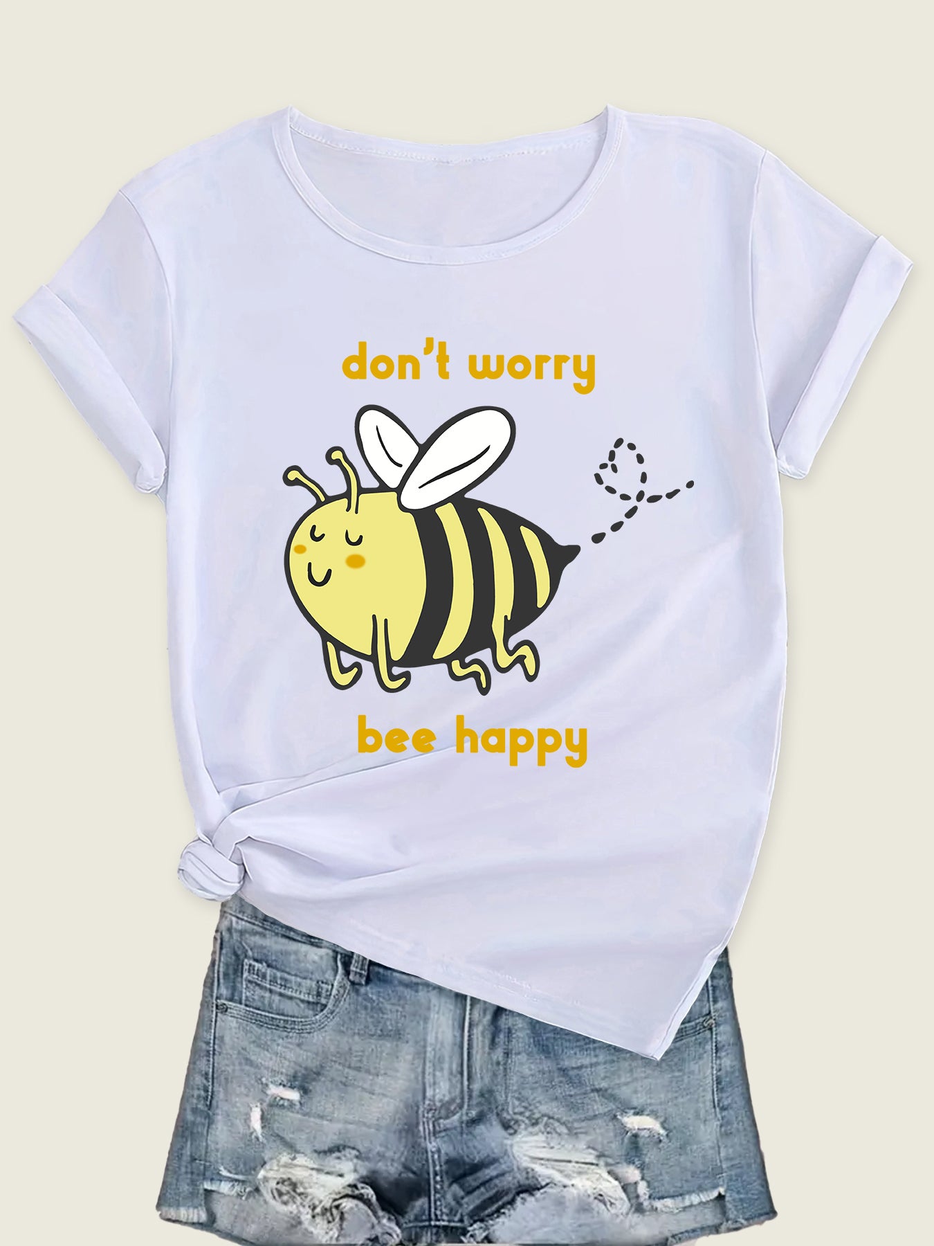 Sweet Honeybee Print Crew Neck T-Shirt, Casual Short Sleeve Blouse for Spring & Summer