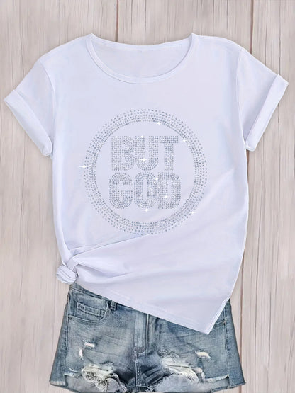 Sparkling Rhinestone Letter Decor Short Sleeve T-shirt