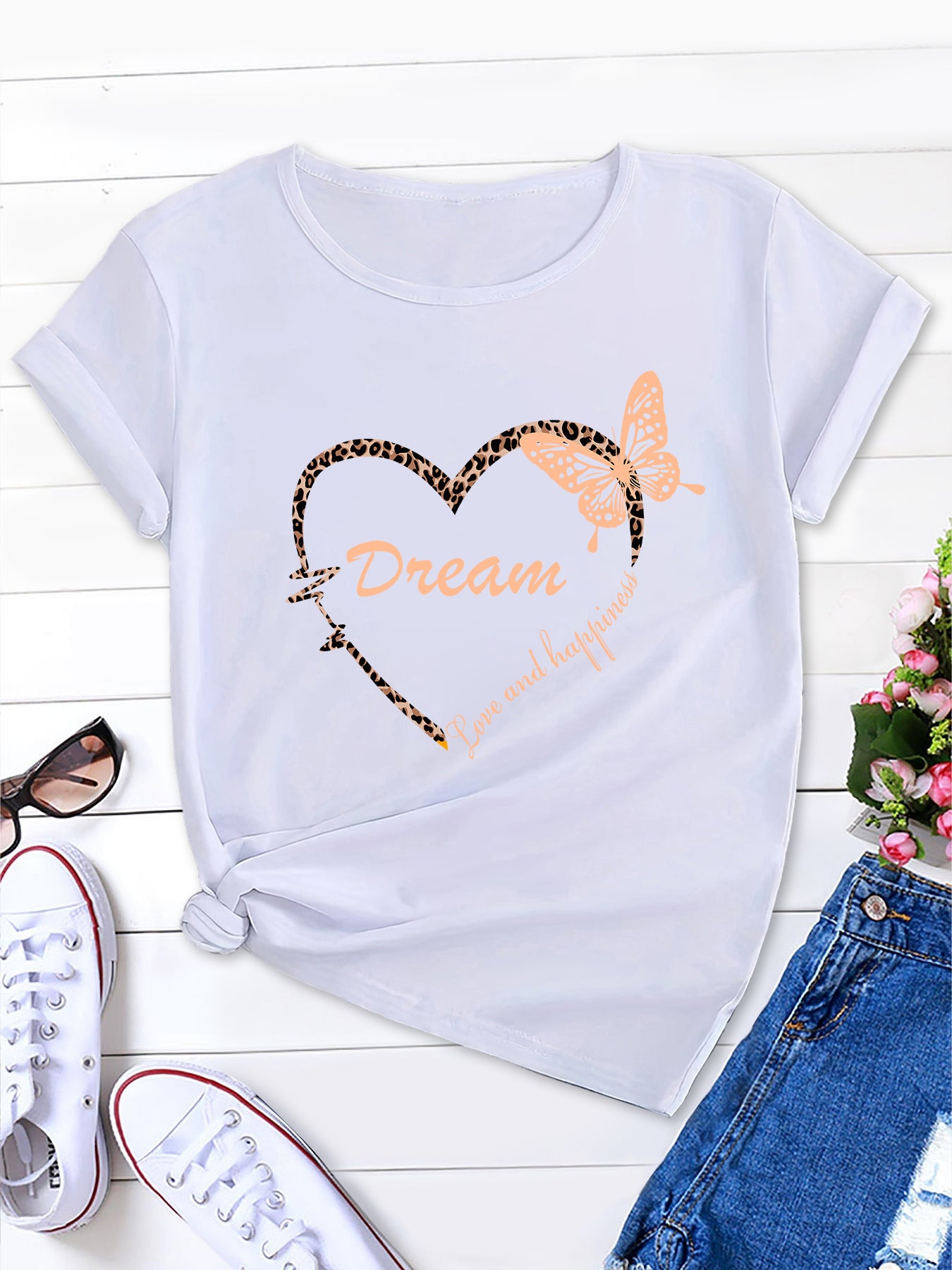 Fashionable Butterfly Print Women's Tee Summer Casual Top