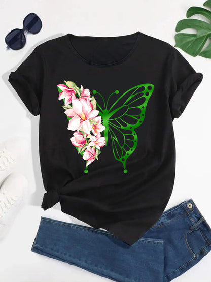 Stylish Butterfly Print Sports T-shirt Round Neck Casual Loose Fit Summer Workout Top