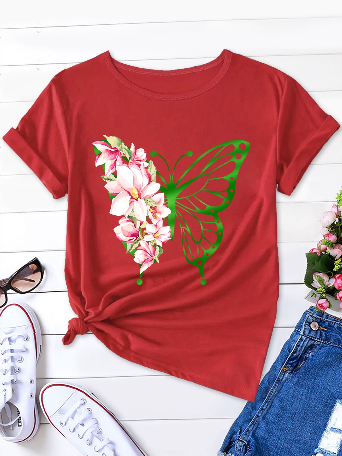 Stylish Butterfly Print Sports T-shirt Round Neck Casual Loose Fit Summer Workout Top