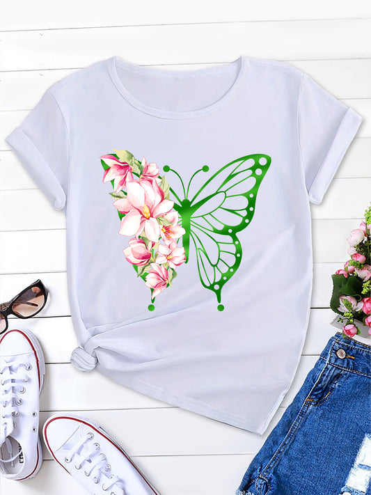 Stylish Butterfly Print Sports T-shirt Round Neck Casual Loose Fit Summer Workout Top