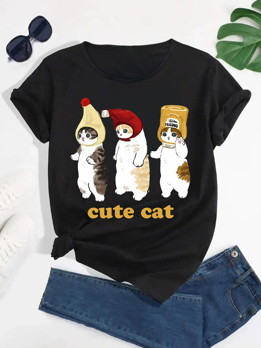 Charming Cat Graphic T-shirt Women's Funny Cartoon Tee, Harajuku Ulzzang Top