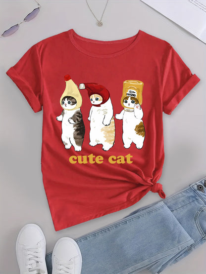 Charming Cat Graphic T-shirt Women's Funny Cartoon Tee, Harajuku Ulzzang Top