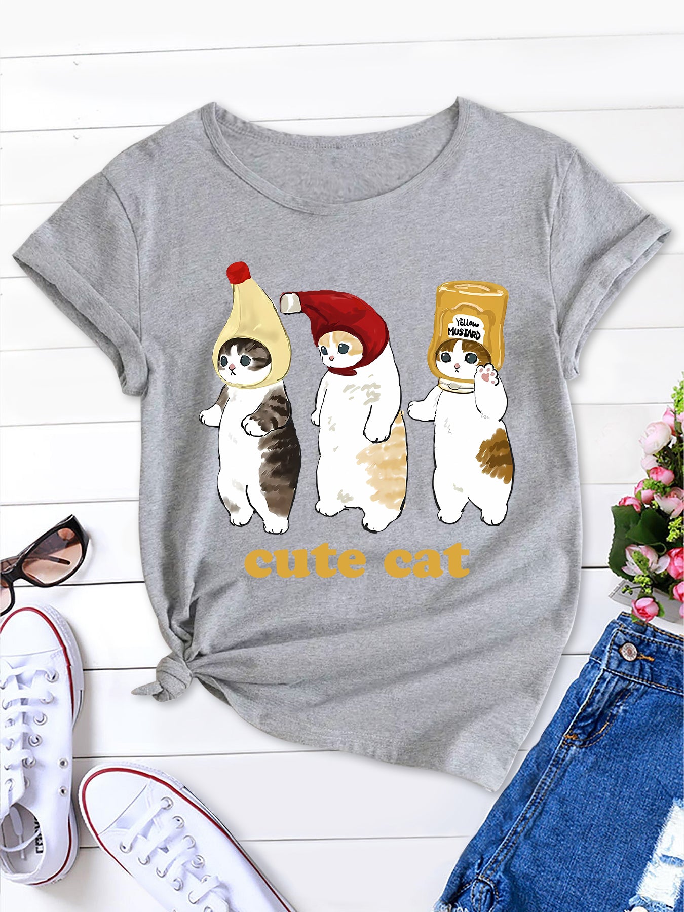 Charming Cat Graphic T-shirt Women's Funny Cartoon Tee, Harajuku Ulzzang Top