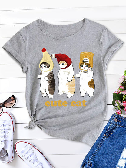 Charming Cat Graphic T-shirt Women's Funny Cartoon Tee, Harajuku Ulzzang Top