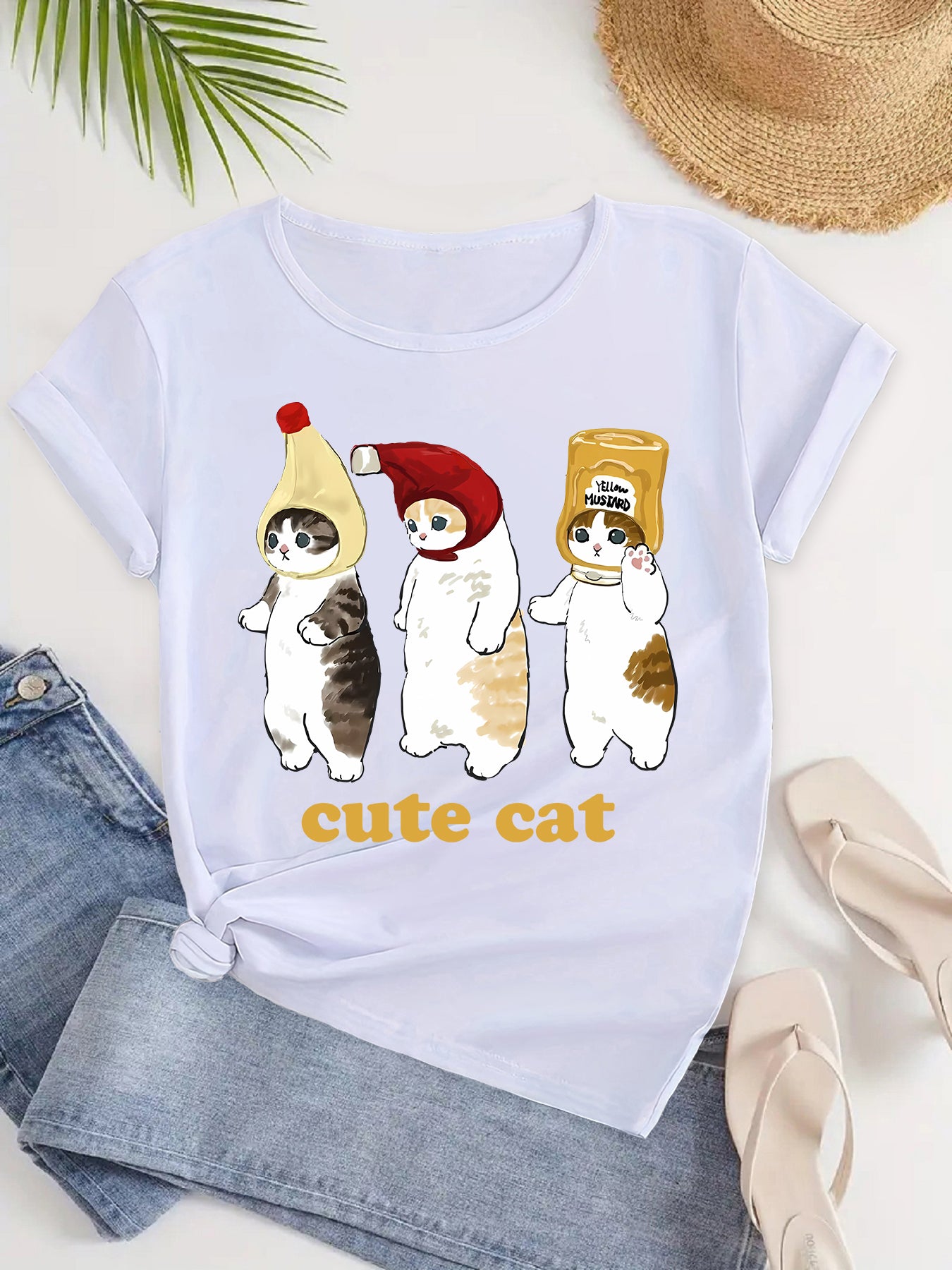 Charming Cat Graphic T-shirt Women's Funny Cartoon Tee, Harajuku Ulzzang Top