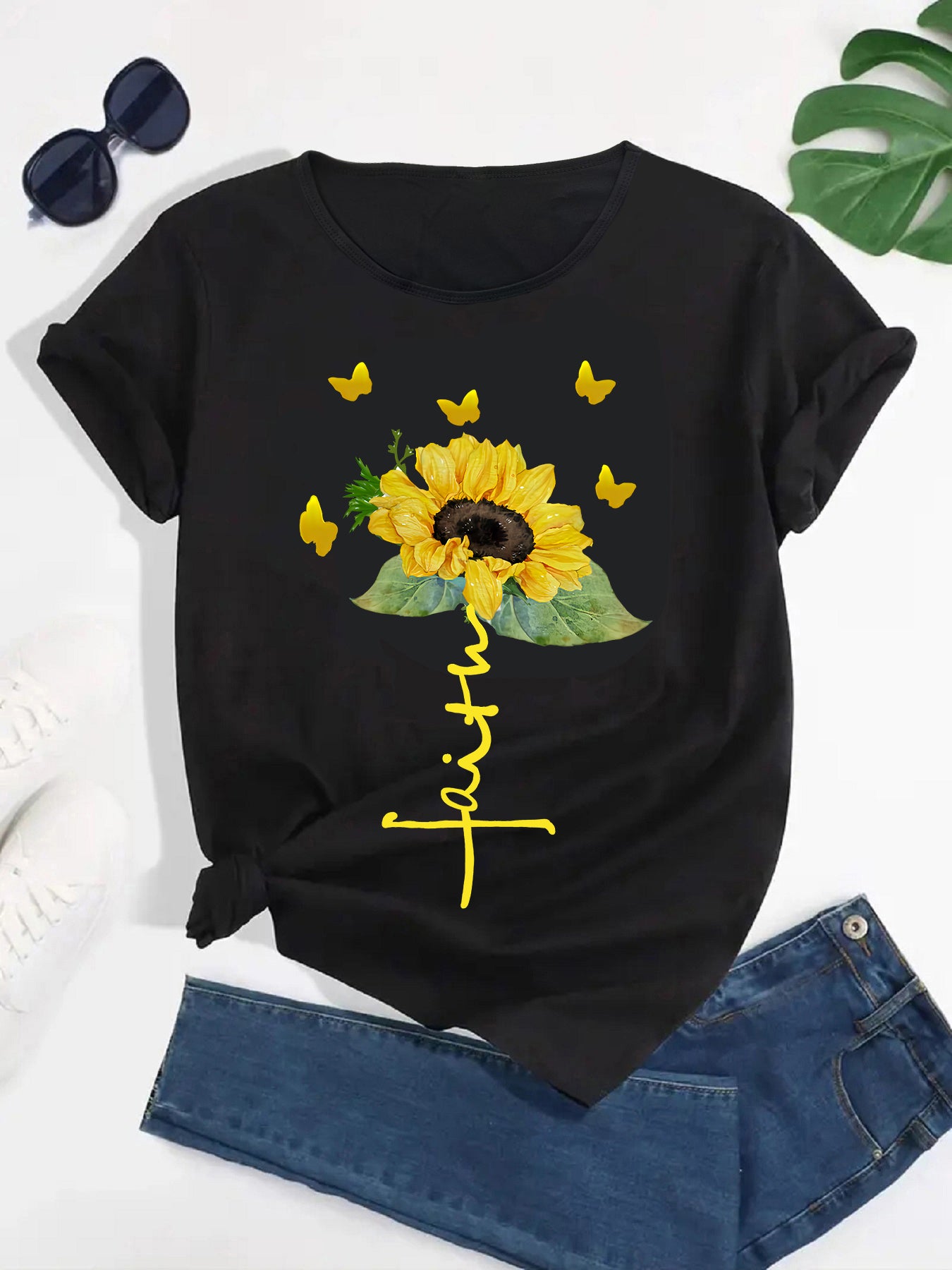 Vibrant Butterfly and Sunflowers Casual Round Neck Tee