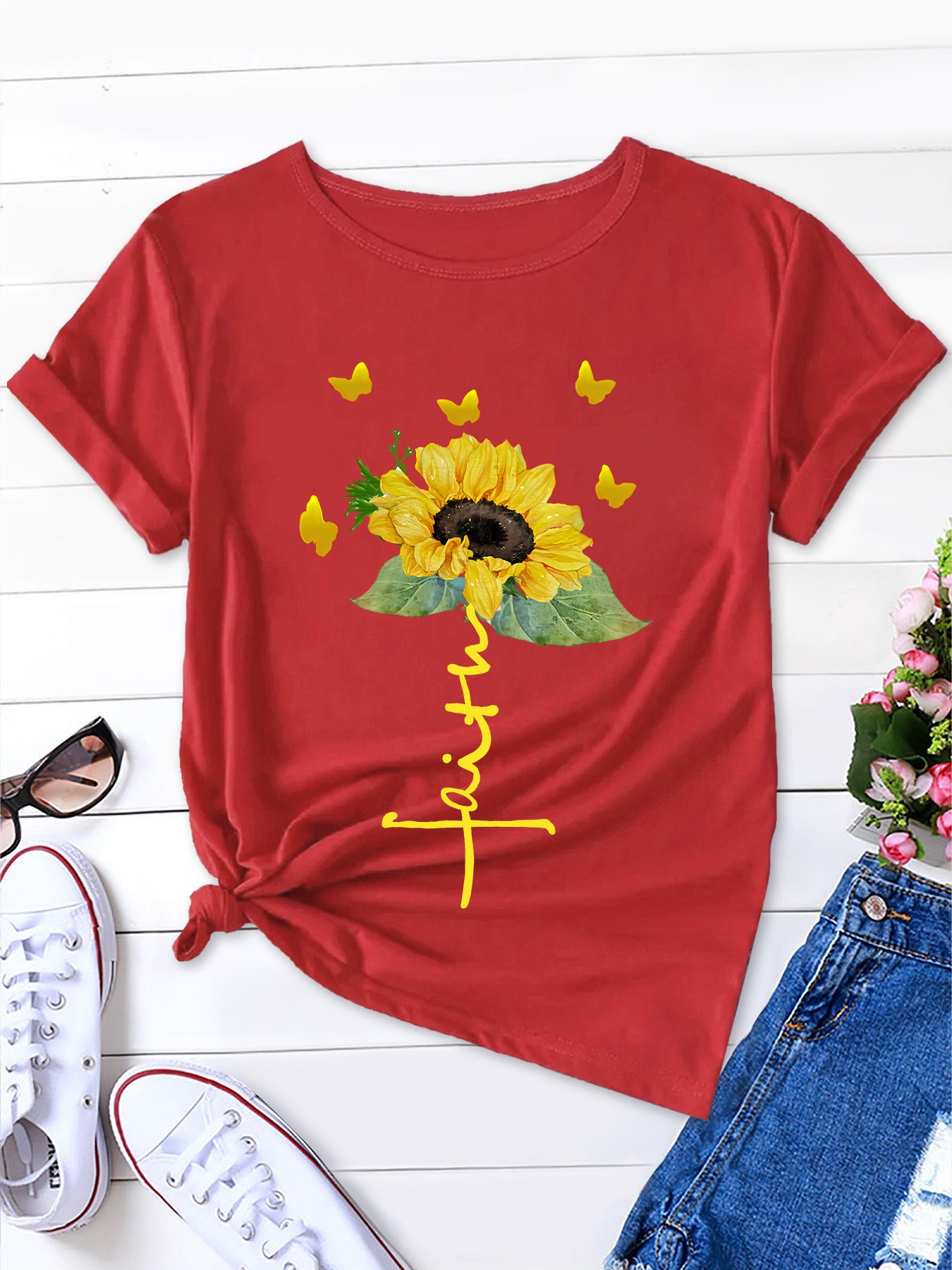 Vibrant Butterfly and Sunflowers Casual Round Neck Tee