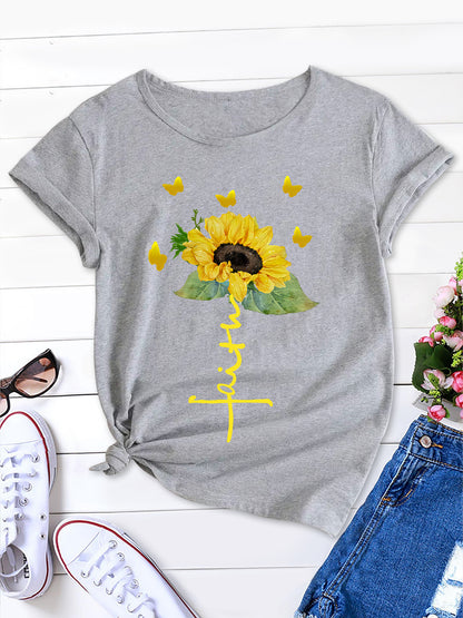 Vibrant Butterfly and Sunflowers Casual Round Neck Tee