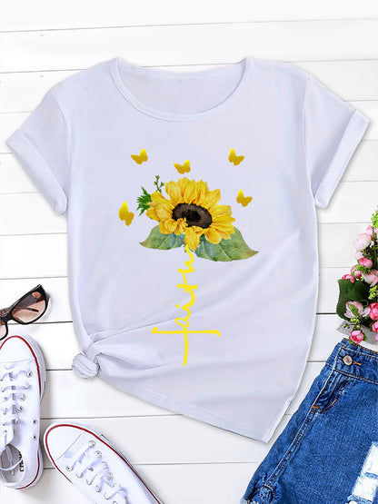 Vibrant Butterfly and Sunflowers Casual Round Neck Tee