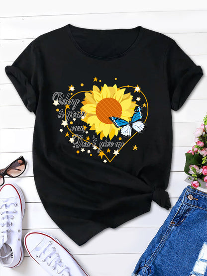 Sunshine Style, Sunflower & Letter Print T-shirt, Women's Casual Top