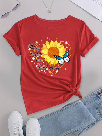 Sunshine Style, Sunflower & Letter Print T-shirt, Women's Casual Top