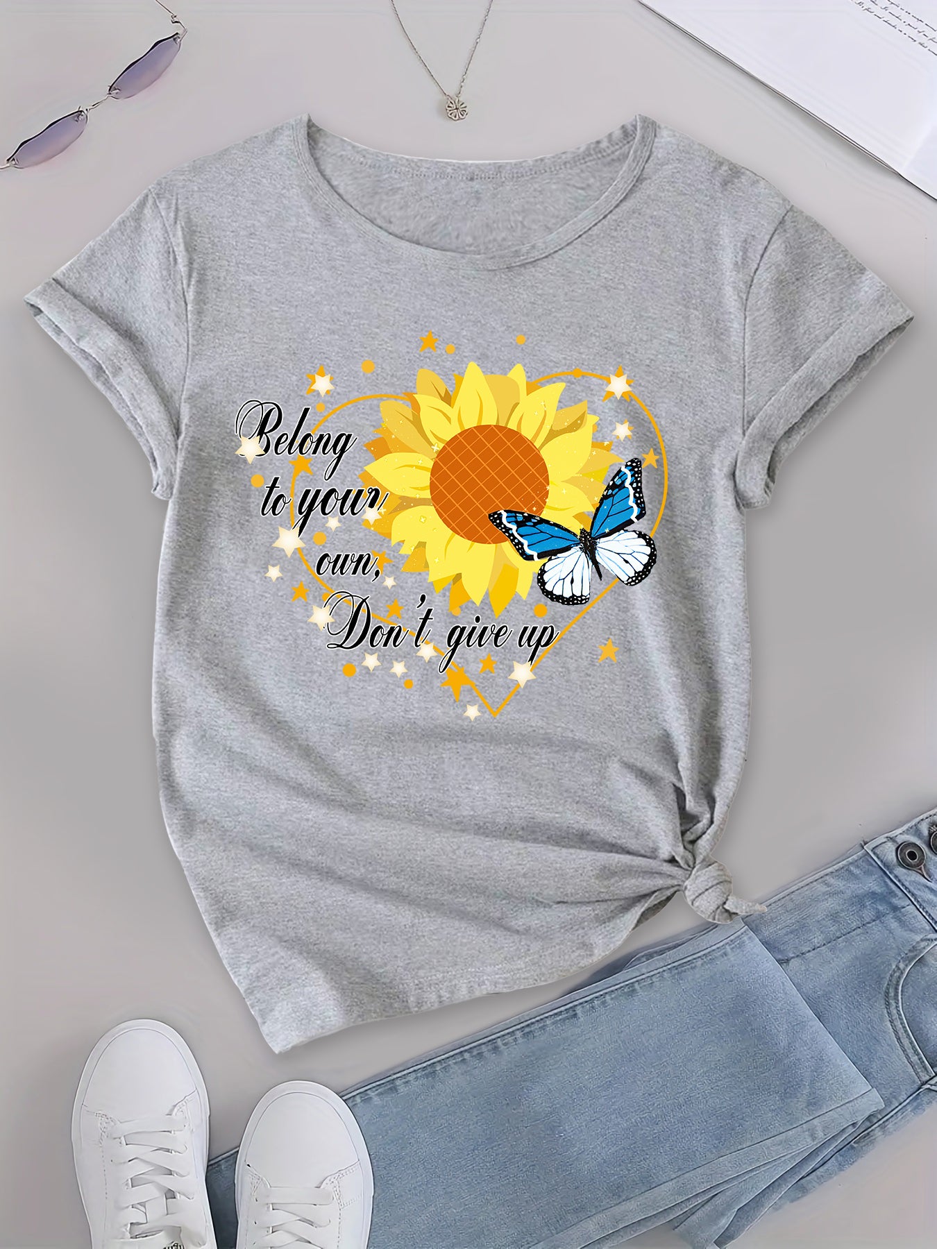 Sunshine Style, Sunflower & Letter Print T-shirt, Women's Casual Top