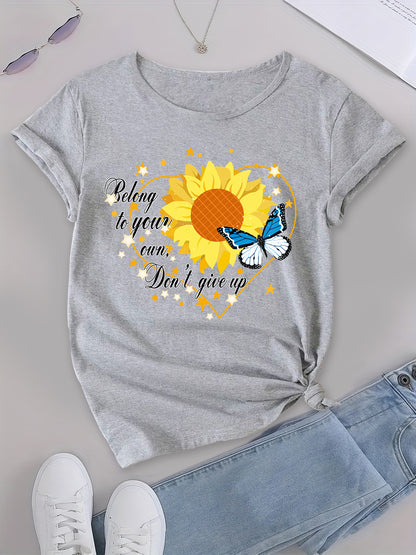 Sunshine Style, Sunflower & Letter Print T-shirt, Women's Casual Top