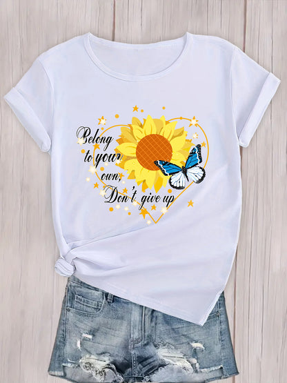 Sunshine Style, Sunflower & Letter Print T-shirt, Women's Casual Top