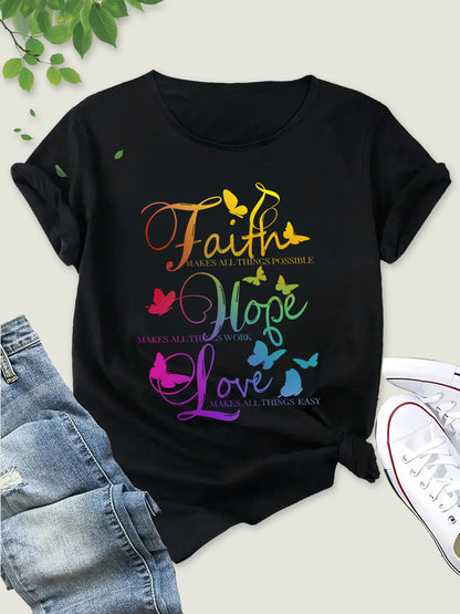 Radiant Gradient Faith Hope Love T-Shirt, Crew Neck Sporty Top