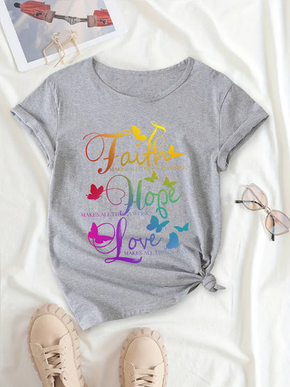 Radiant Gradient Faith Hope Love T-Shirt, Crew Neck Sporty Top