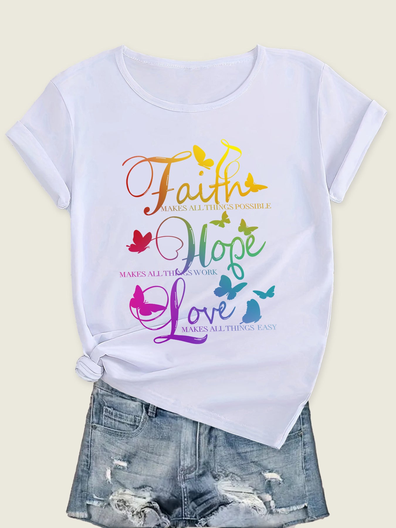 Radiant Gradient Faith Hope Love T-Shirt, Crew Neck Sporty Top