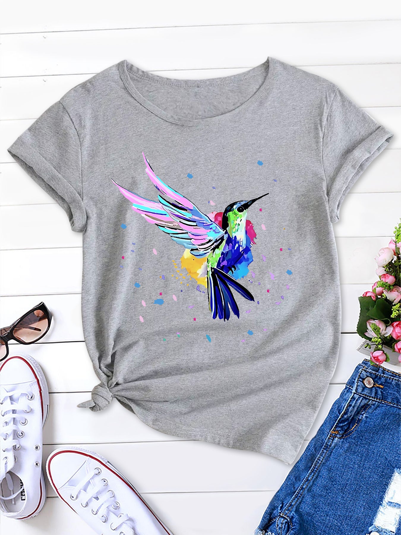 Fashion Cute Birds Graphic Short Sleeve T-shirts