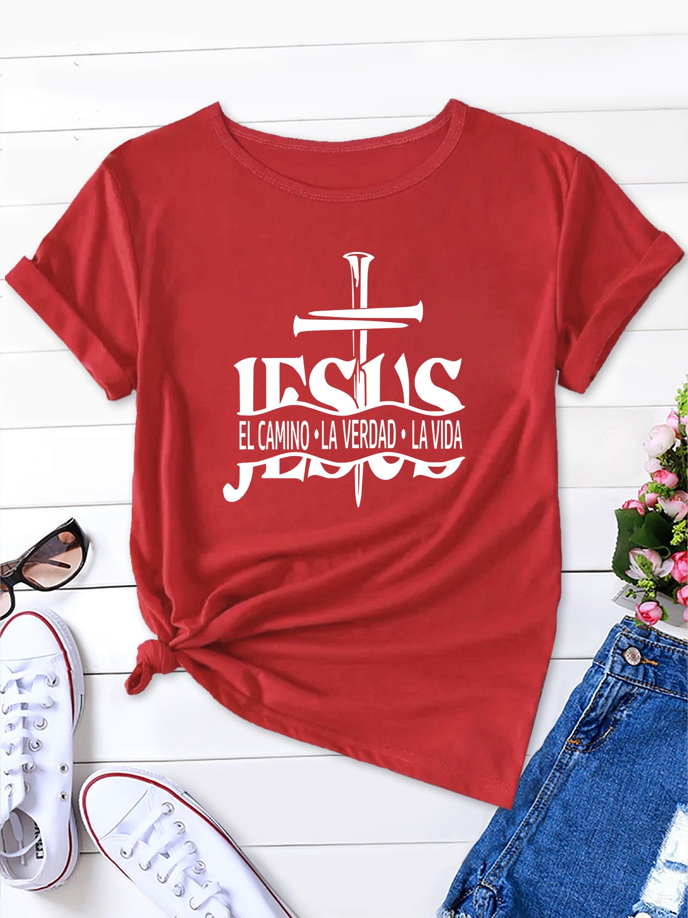 Women's New Short Sleeve T-Shirt with Cross Pattern and Jesus Lettering - Stylish, Comfortable, and Perfect for Summer Outdoor Wear