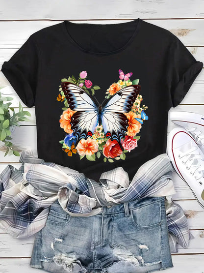 Floral Butterfly Design,Butterfly Print T-shirt,Stylish Floral Butterfly Women's T-Shirt,Floral Butterfly Print Women's Tee