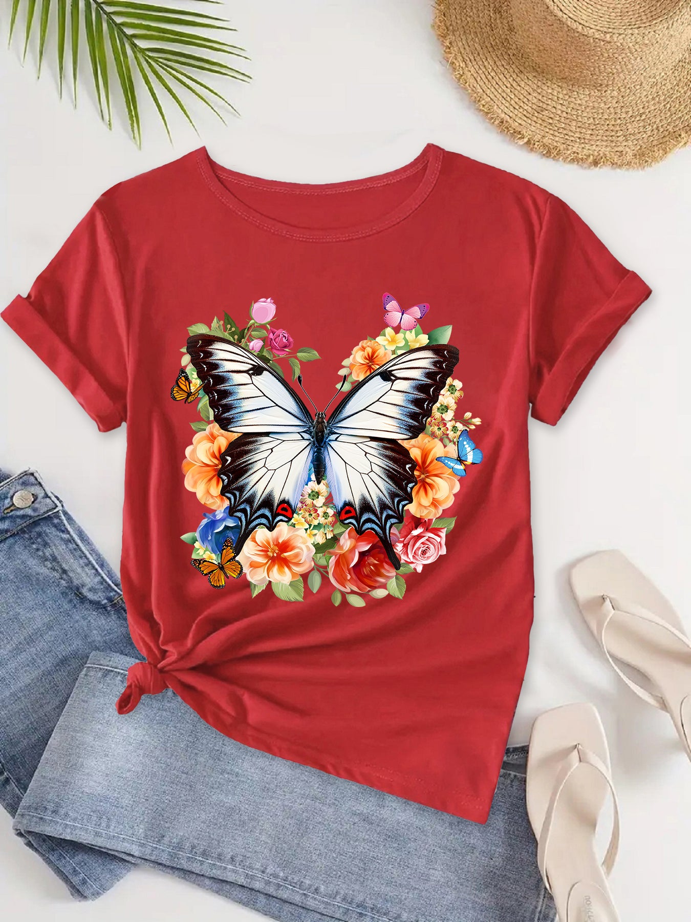 Floral Butterfly Design,Butterfly Print T-shirt,Stylish Floral Butterfly Women's T-Shirt,Floral Butterfly Print Women's Tee