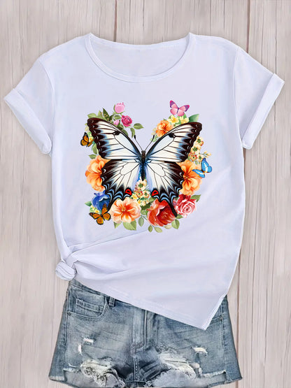 Floral Butterfly Design,Butterfly Print T-shirt,Stylish Floral Butterfly Women's T-Shirt,Floral Butterfly Print Women's Tee