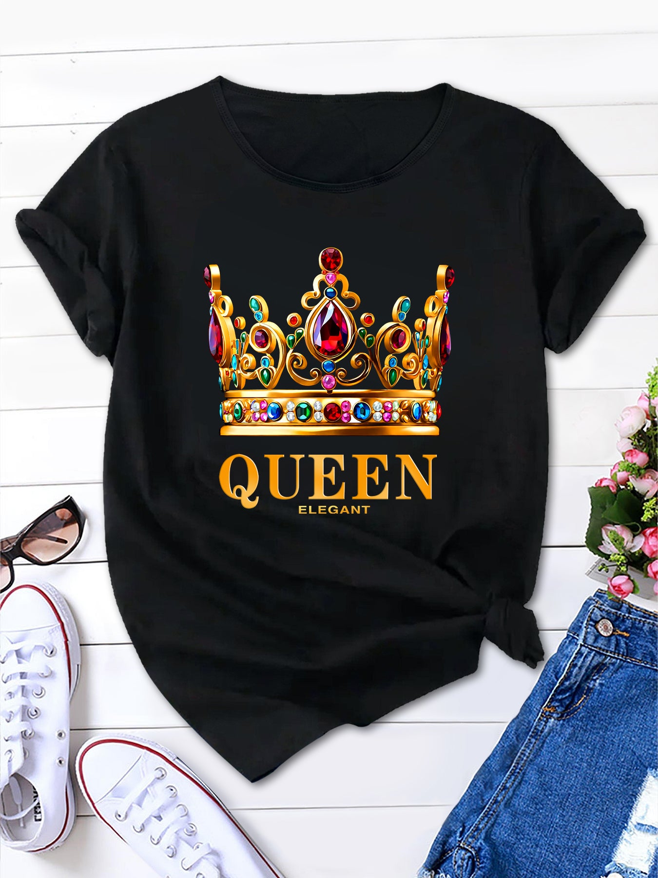 Crown Print Crew Neck T-Shirt,Queen's Crown Summer Tee,Summer Queen's Crown Tee