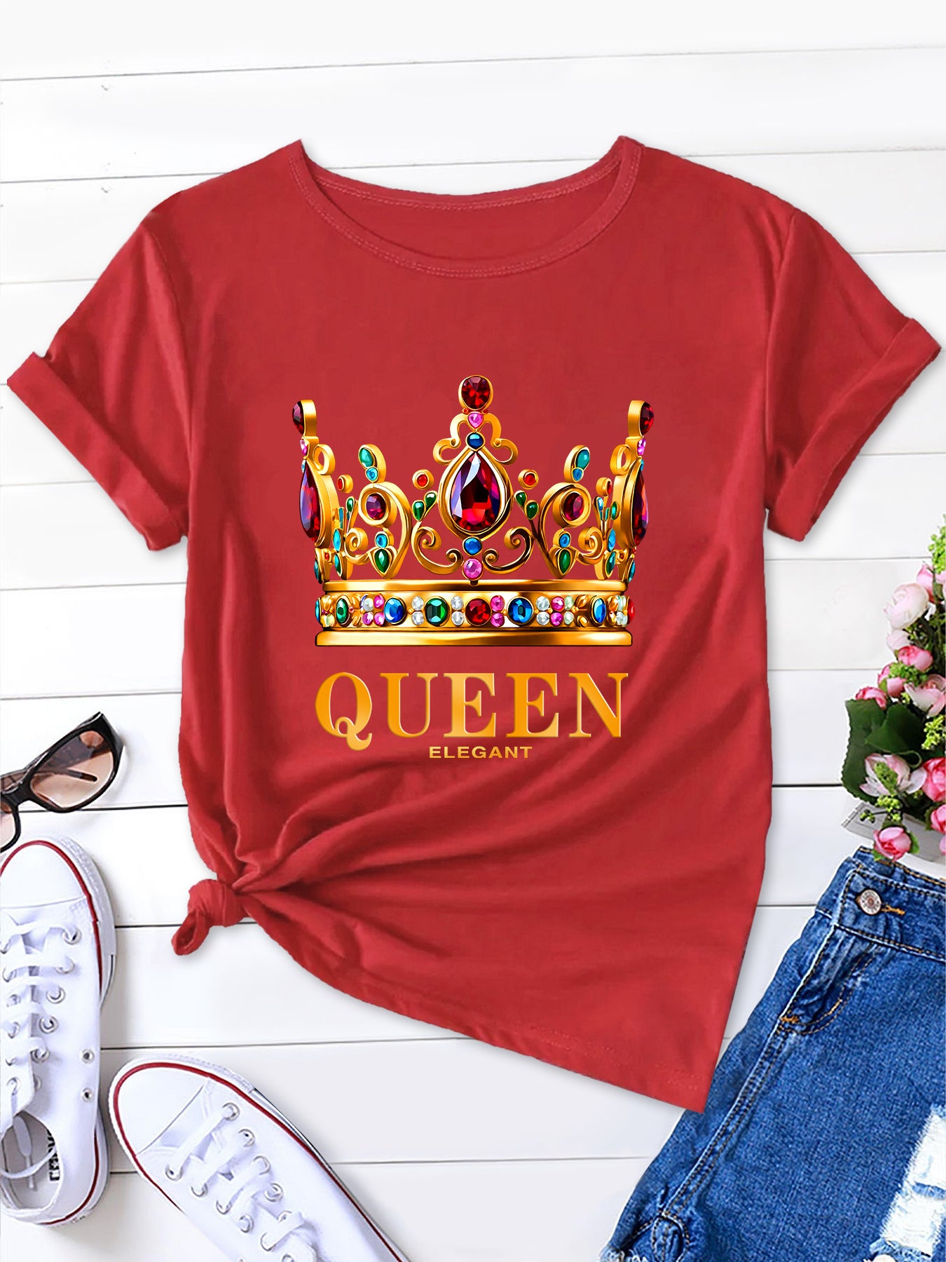 Crown Print Crew Neck T-Shirt,Queen's Crown Summer Tee,Summer Queen's Crown Tee