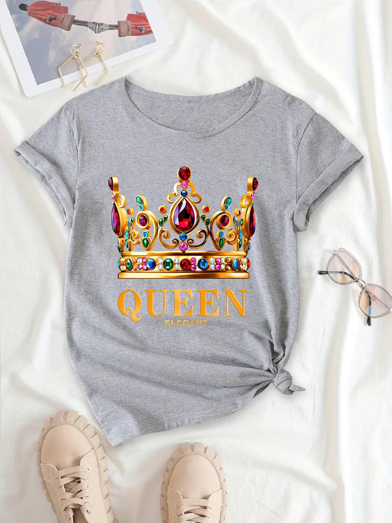 Crown Print Crew Neck T-Shirt,Queen's Crown Summer Tee,Summer Queen's Crown Tee