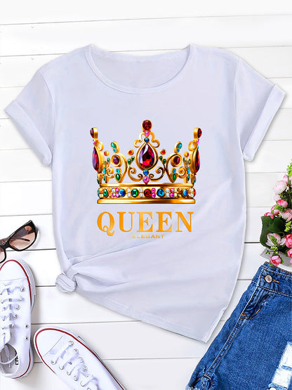 Crown Print Crew Neck T-Shirt,Queen's Crown Summer Tee,Summer Queen's Crown Tee