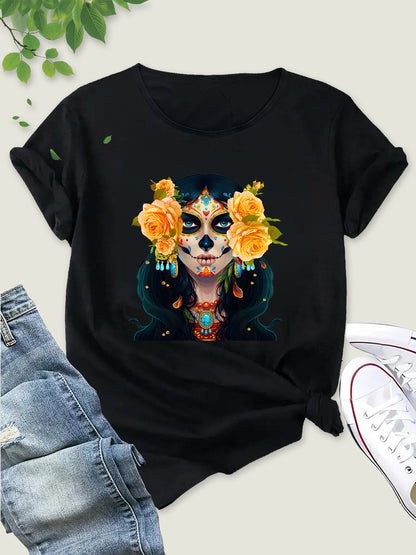 Skull & Floral Print Crew Neck T-shirt, Casual Short Sleeve Summer T-shirt, Women's Clothing